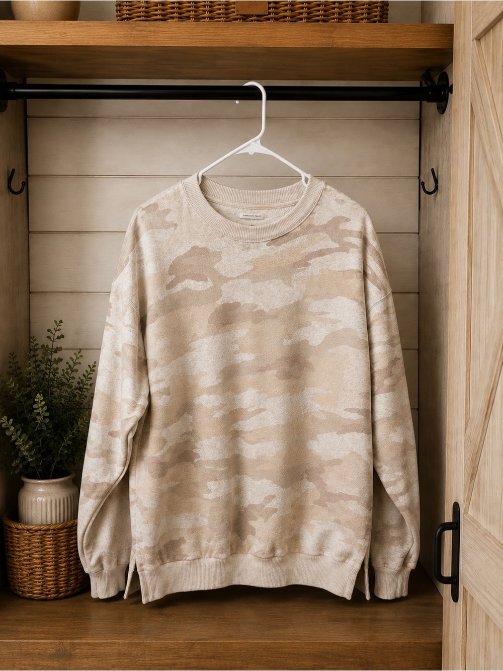 American Eagle Outfitters Beige Camo Crewneck Sweater